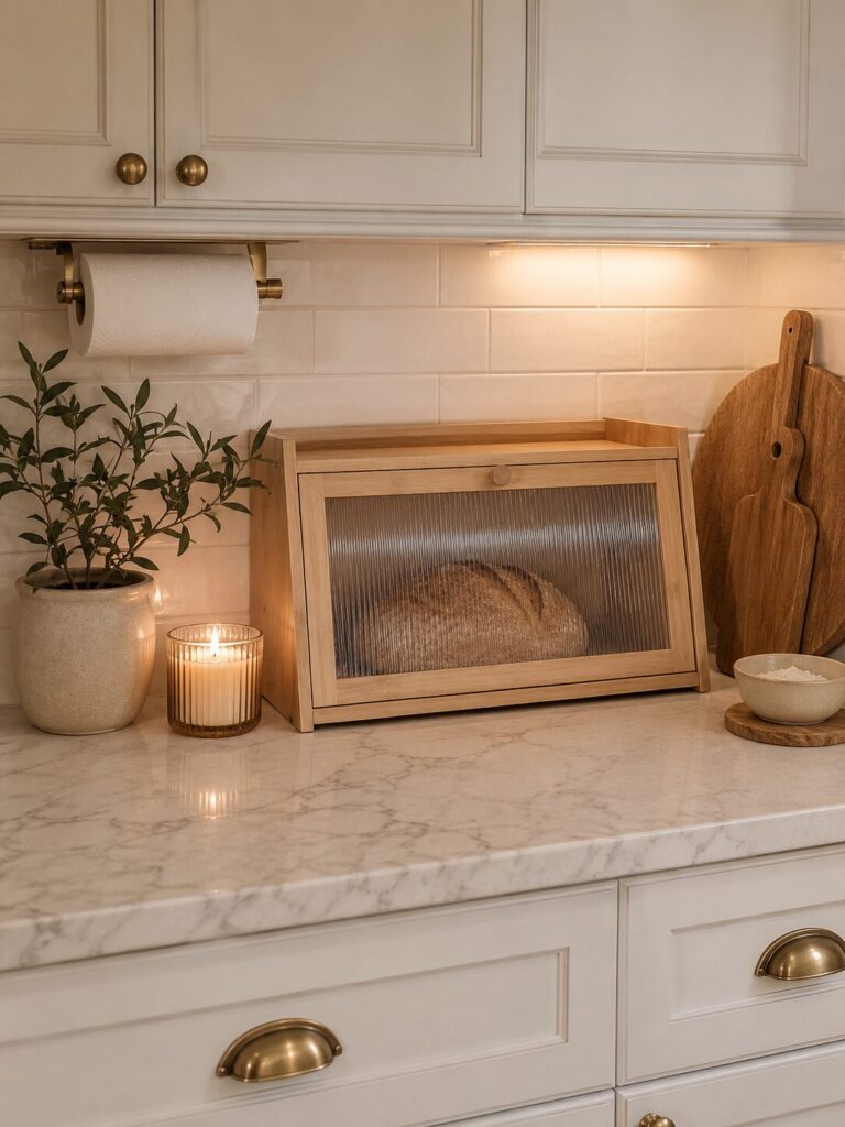 Kitchen countertop organization: bread stored in a bread box