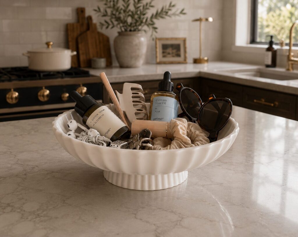 Items corralled in a decorative tray/bowl to prevent kitchen counter clutter.