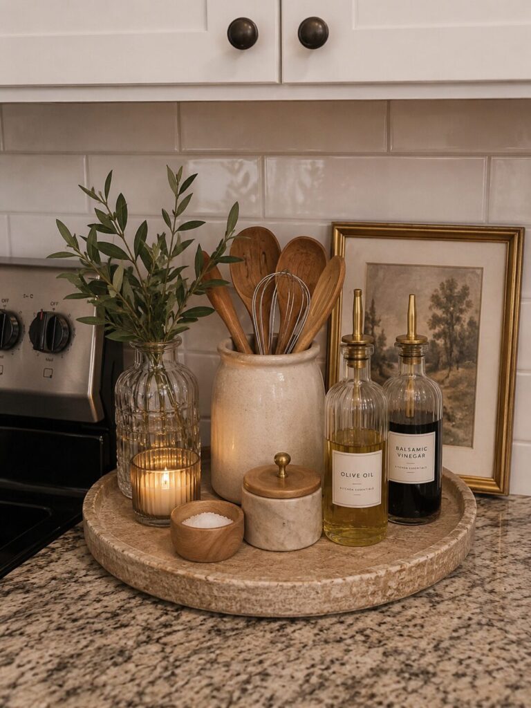 Decorative tray on kitchen countertop with cooking oils, salt, cooking utensils, and a lit candle on it. 