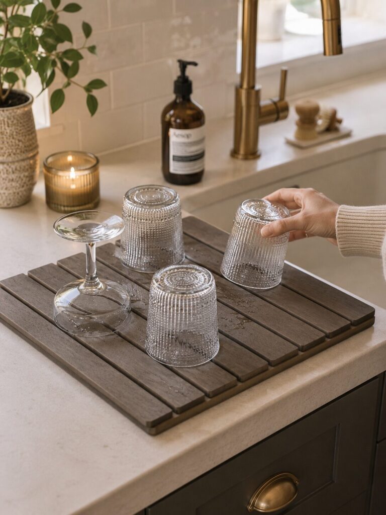 Dish drying mat on top of kitchen countertop 