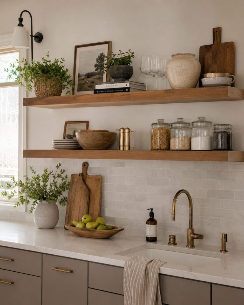 Floating shelves with kitchen items on them 