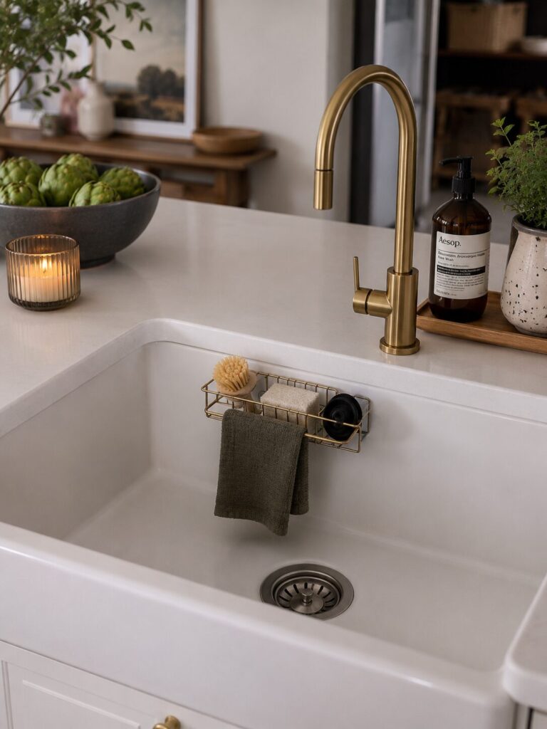 Gold sink caddy inside kitchen sink with sponge, towel, and dish brush inside 