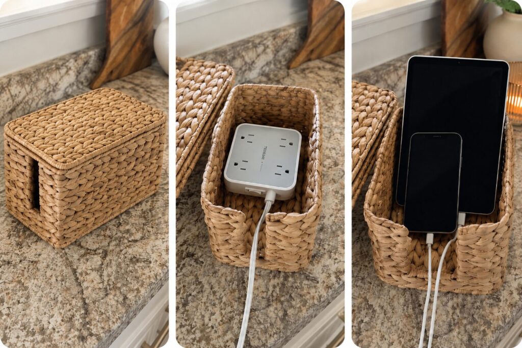 A woven charging basket that sits on kitchen countertop and hides the power block and electronic devices. 