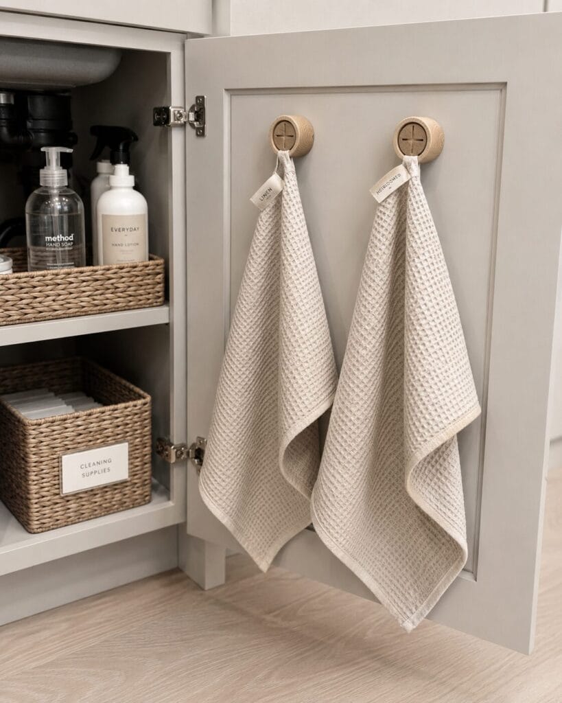 Hooks hanging on the inside of under the sinks cabinet doors with cleaning cloths hanging from them