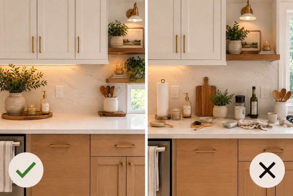 Photo demonstrating how to group items together on kitchen countertop 