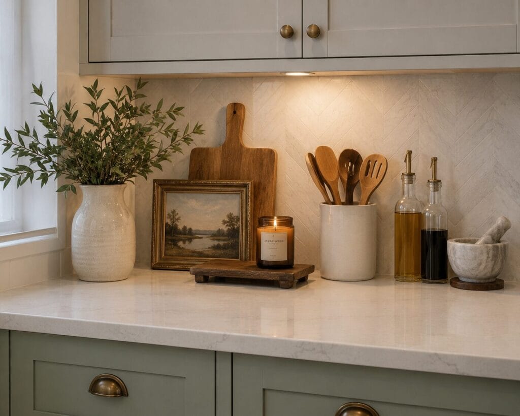 Ways to organize kitchen countertops: Neat organized kitchen countertop with decor and essential kitchen items on the counter.