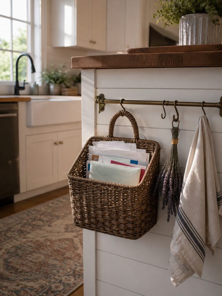 Hang a basket for mail to eliminate countertop clutter.