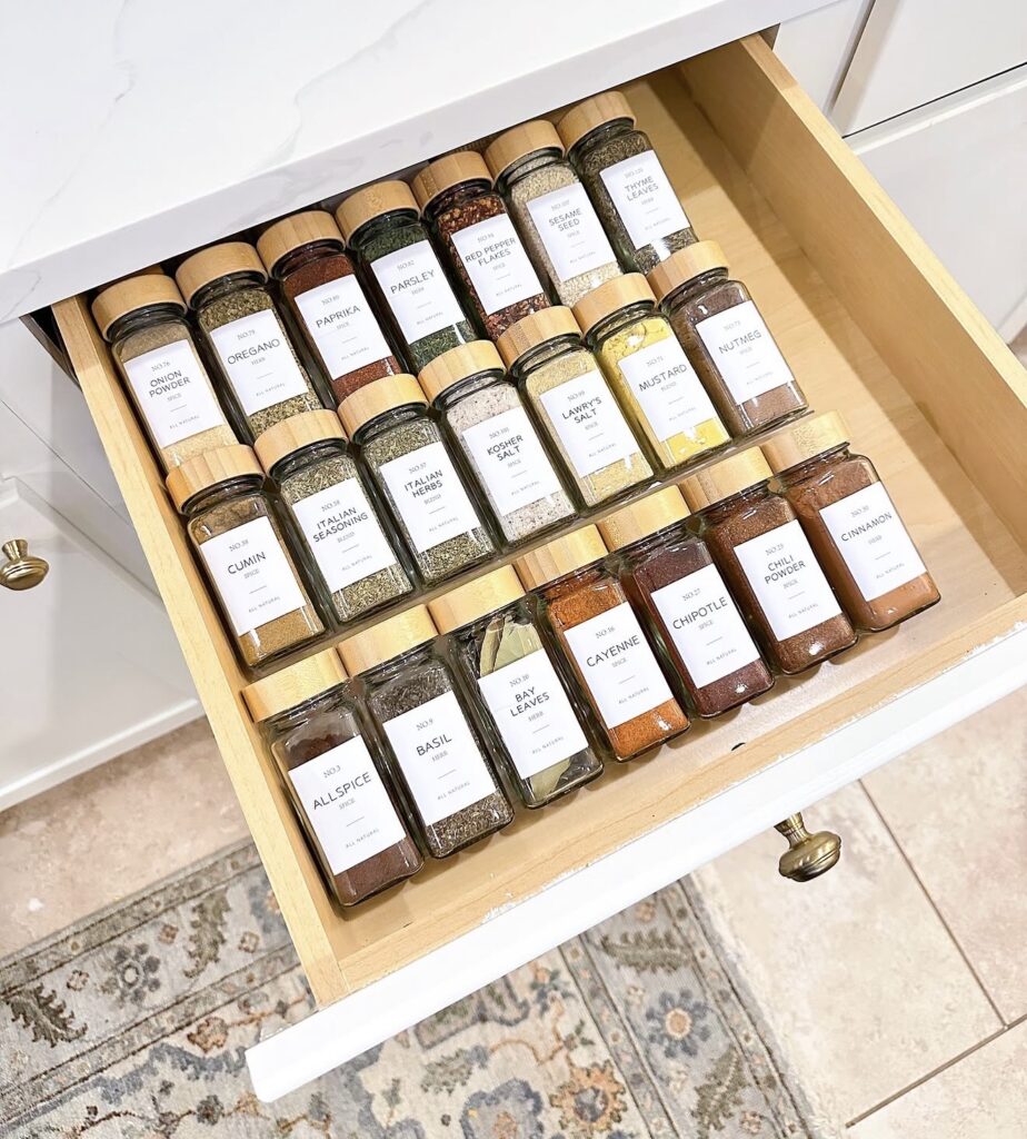 Spices stored in a kitchen drawer instead of on top of the kitchen countertop.