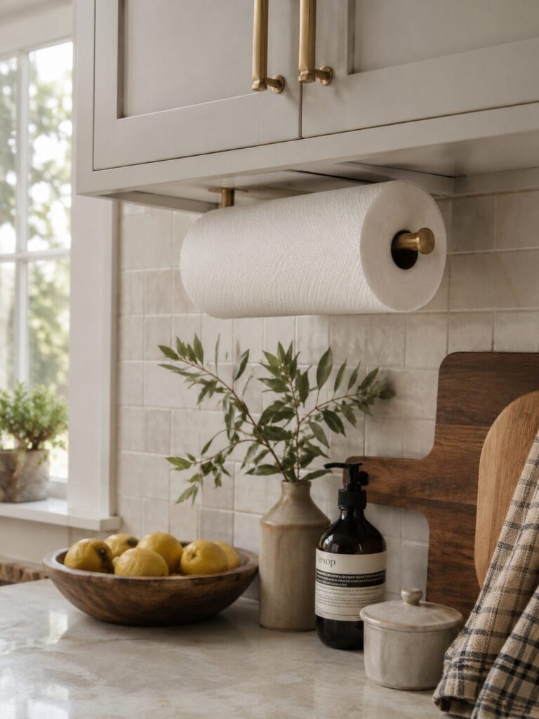 Paper towels hung under a kitchen cabinet on a gold metal rod