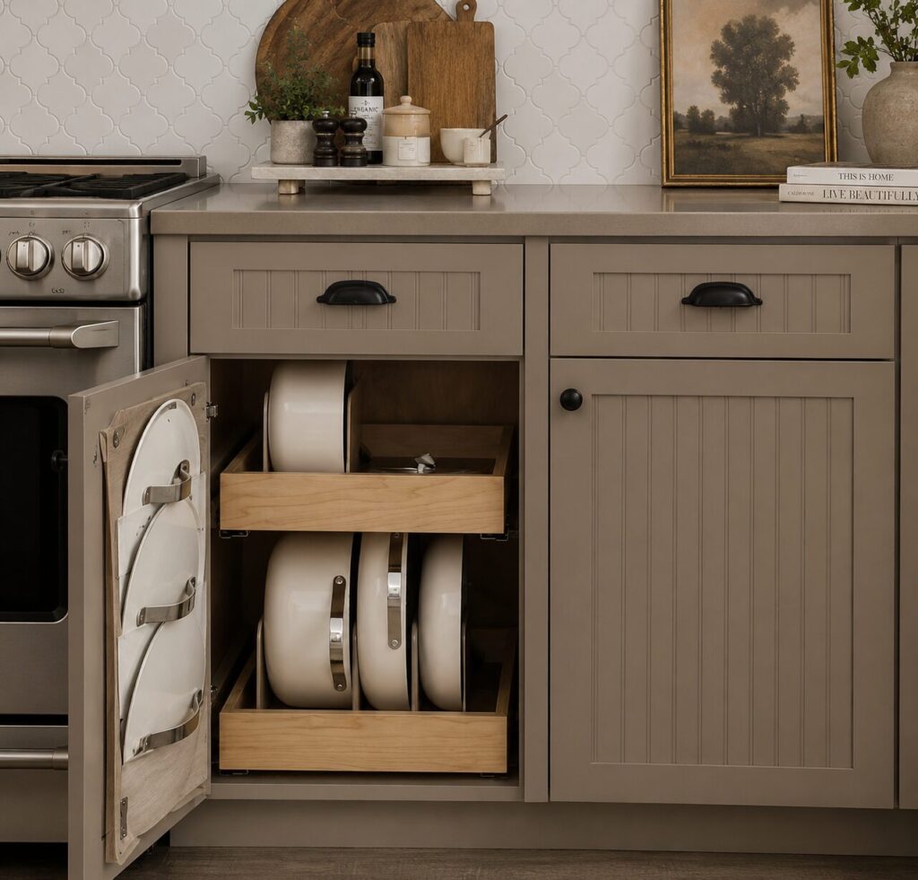 Pots and pan organization in kitchen cabinets that keeps counters clear