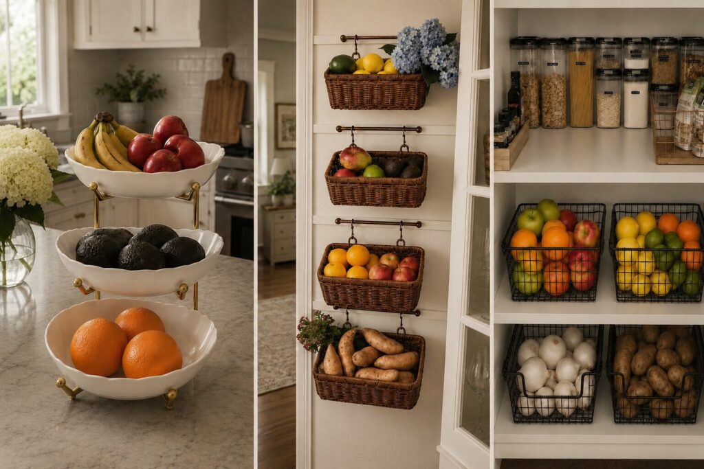 Produce organized 3 ways to get it off kitchen countertops.