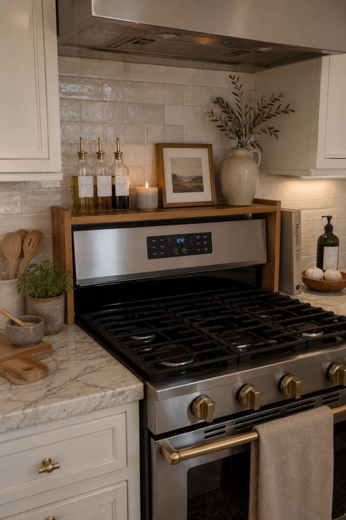 Shelf above stove for extra kitchen counter storage space