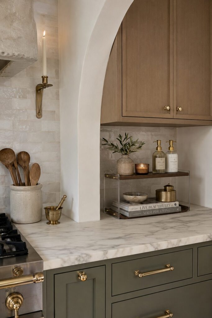 Two-tiered kitchen countertop organizer with kitchen supplies and decorative items on the shelves