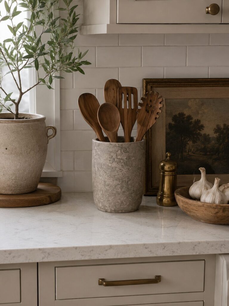 Utensil holder on kitchen countertop with several cooking utensils in it