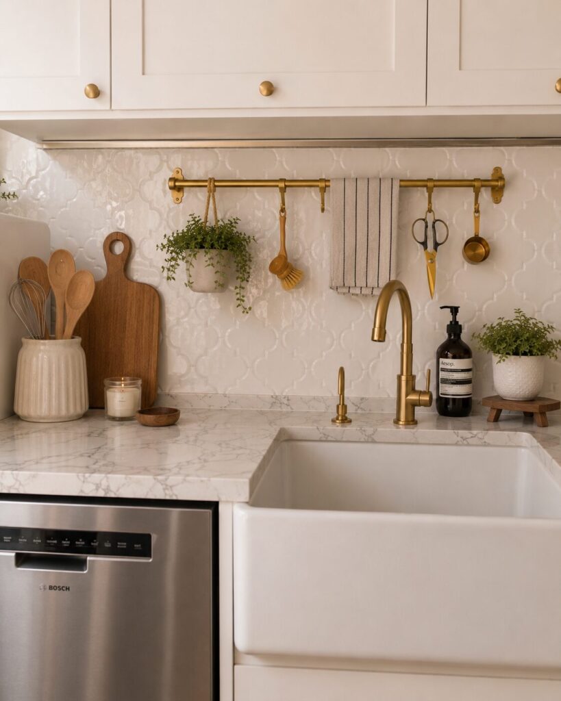 Gold rod with s-hooks with everyday essentials hanging on s-hooks.