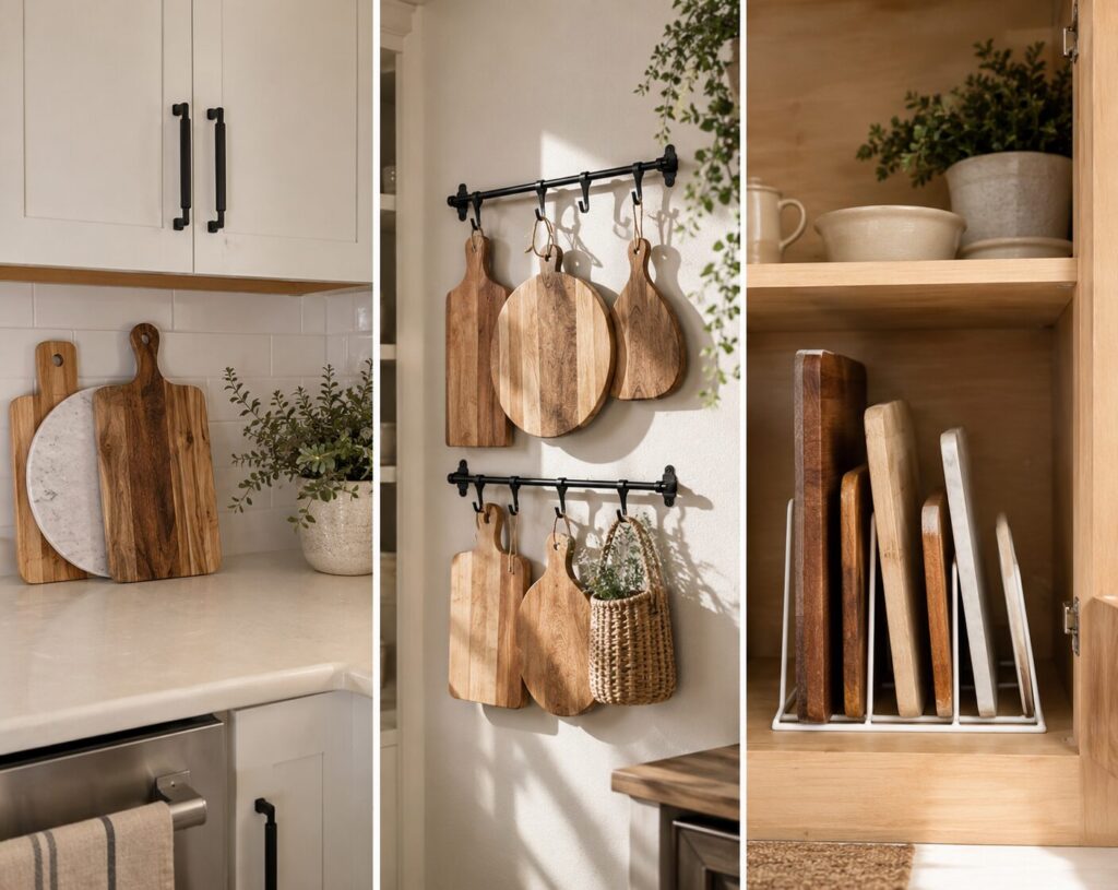 Three different ways to store cutting boards, vertical on counter, in a cabinet, and hanging on s-hooks on a kitchen wall. 