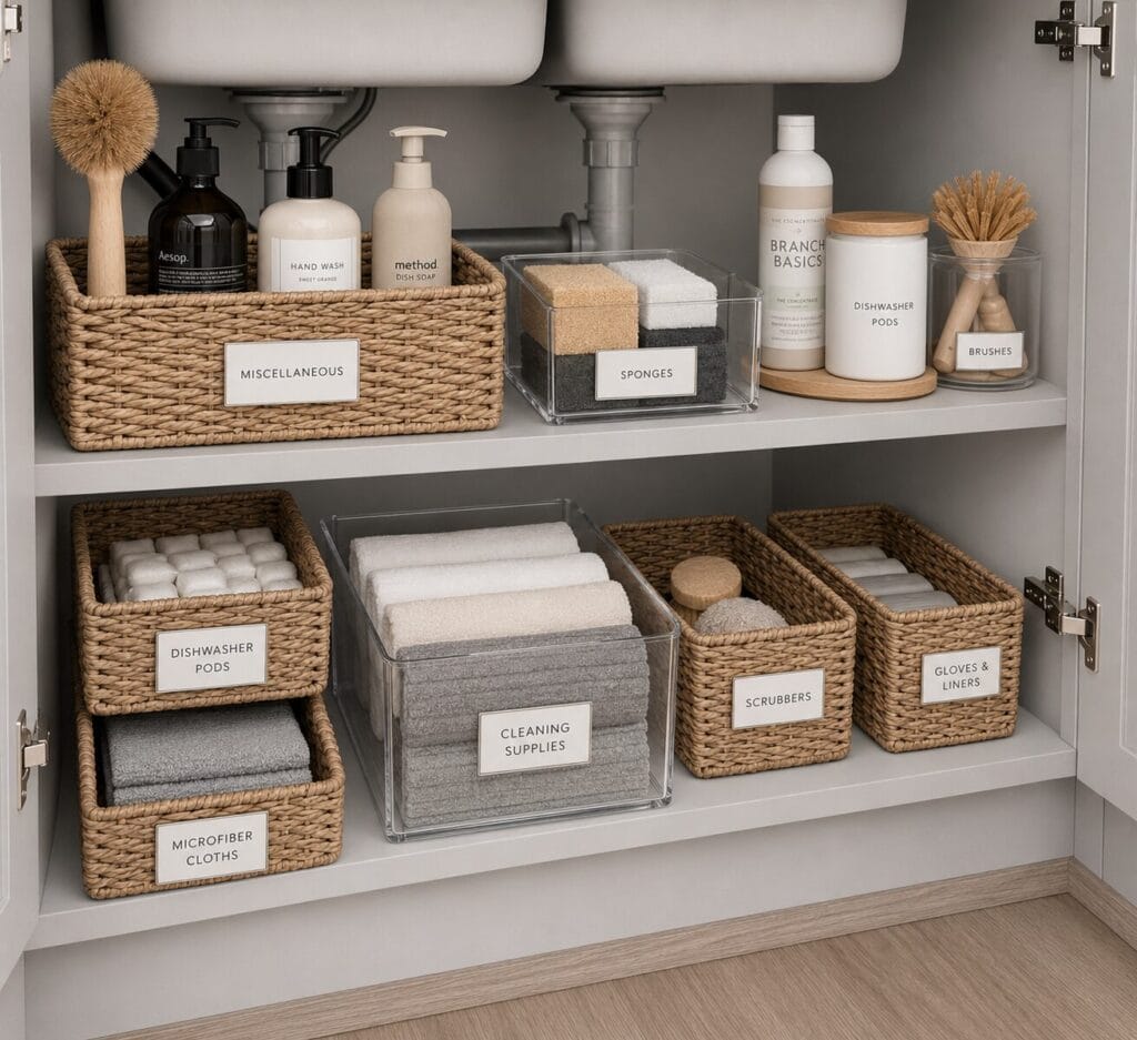 Under sink organization with woven baskets, acrylic bins, cleaning products. All the baskets are labeled.