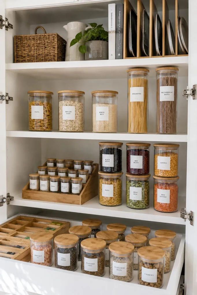 Decorative round glass pantry containers with bamboo lids in a white pantry cabinet with white labels.