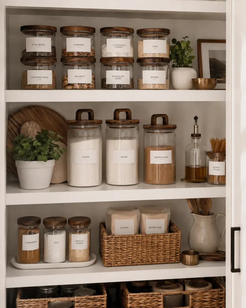 Pantry with pantry containers of varying sizes with acacia lids as an example.