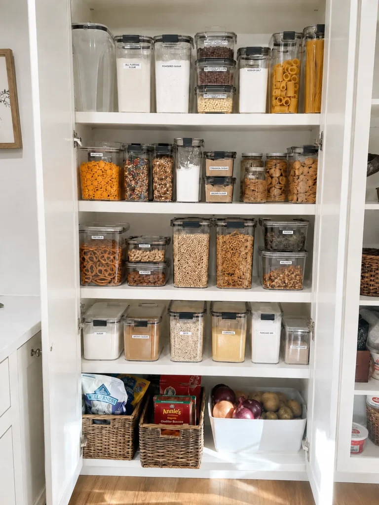 Airtight pantry containers in a pantry with 5 shelves.