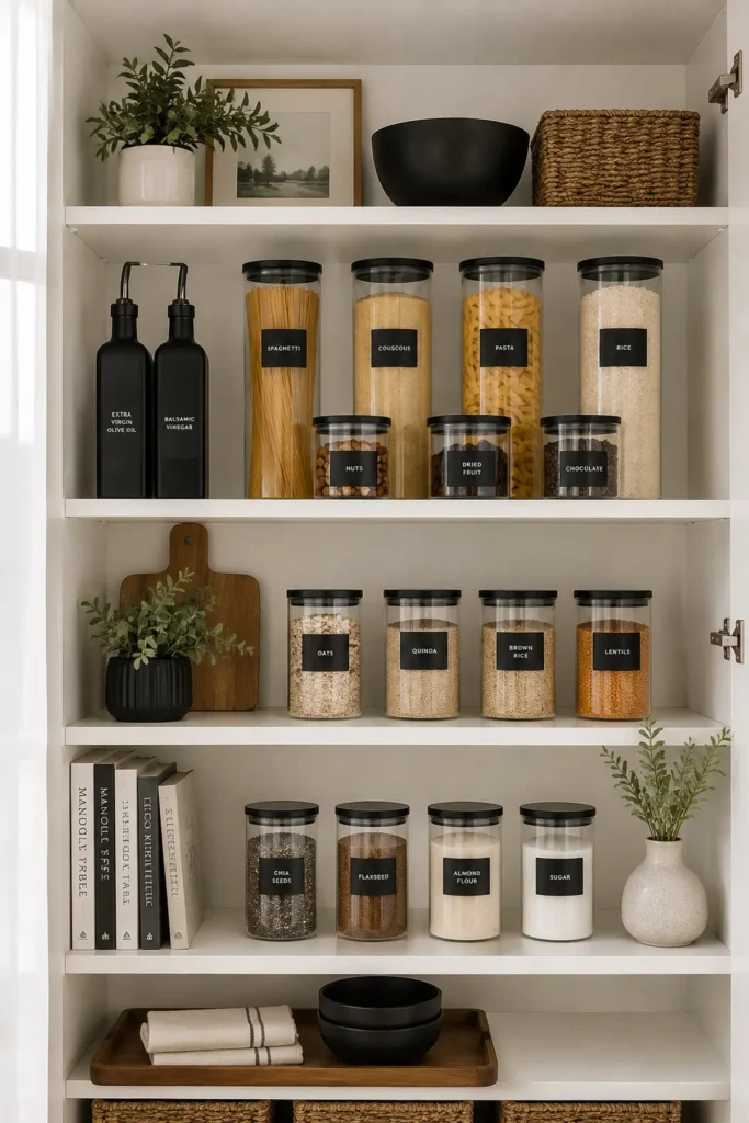 Matte black pantry containers in an open shelf pantry