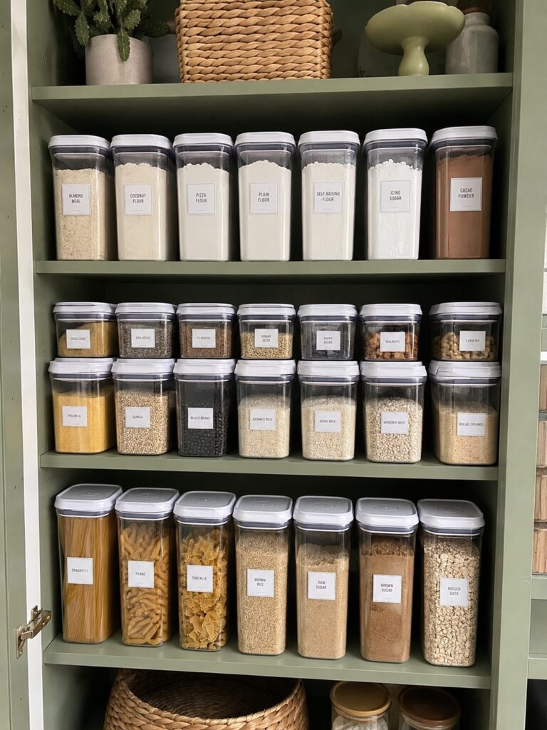 Stackable food containers that maximize space in a green pantry.
