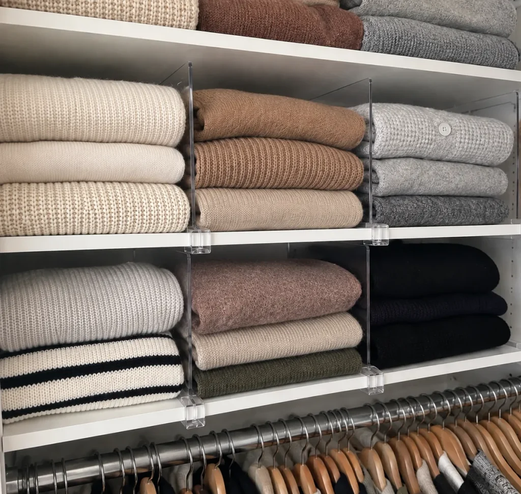 Acrylic shelf dividers being used to separate and organize clothing items on closet shelves. 