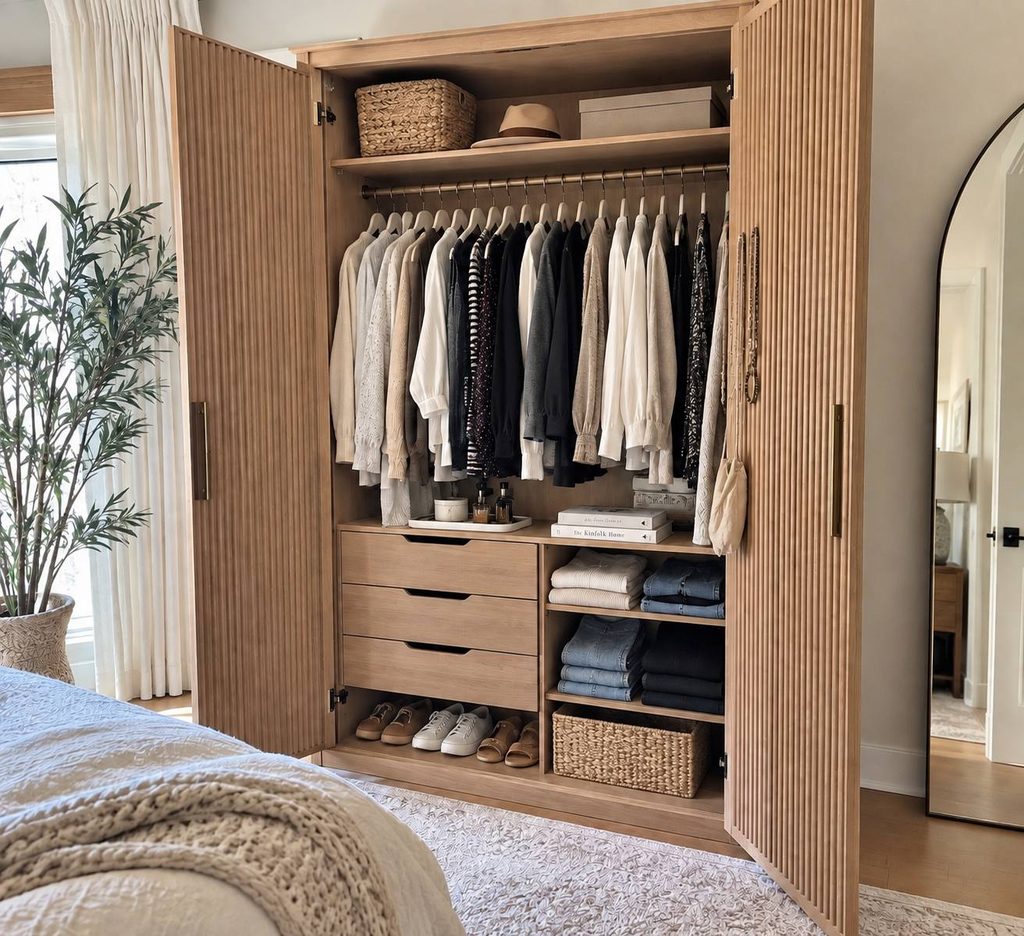 Large closet armoire with women's items in a bedroom 
