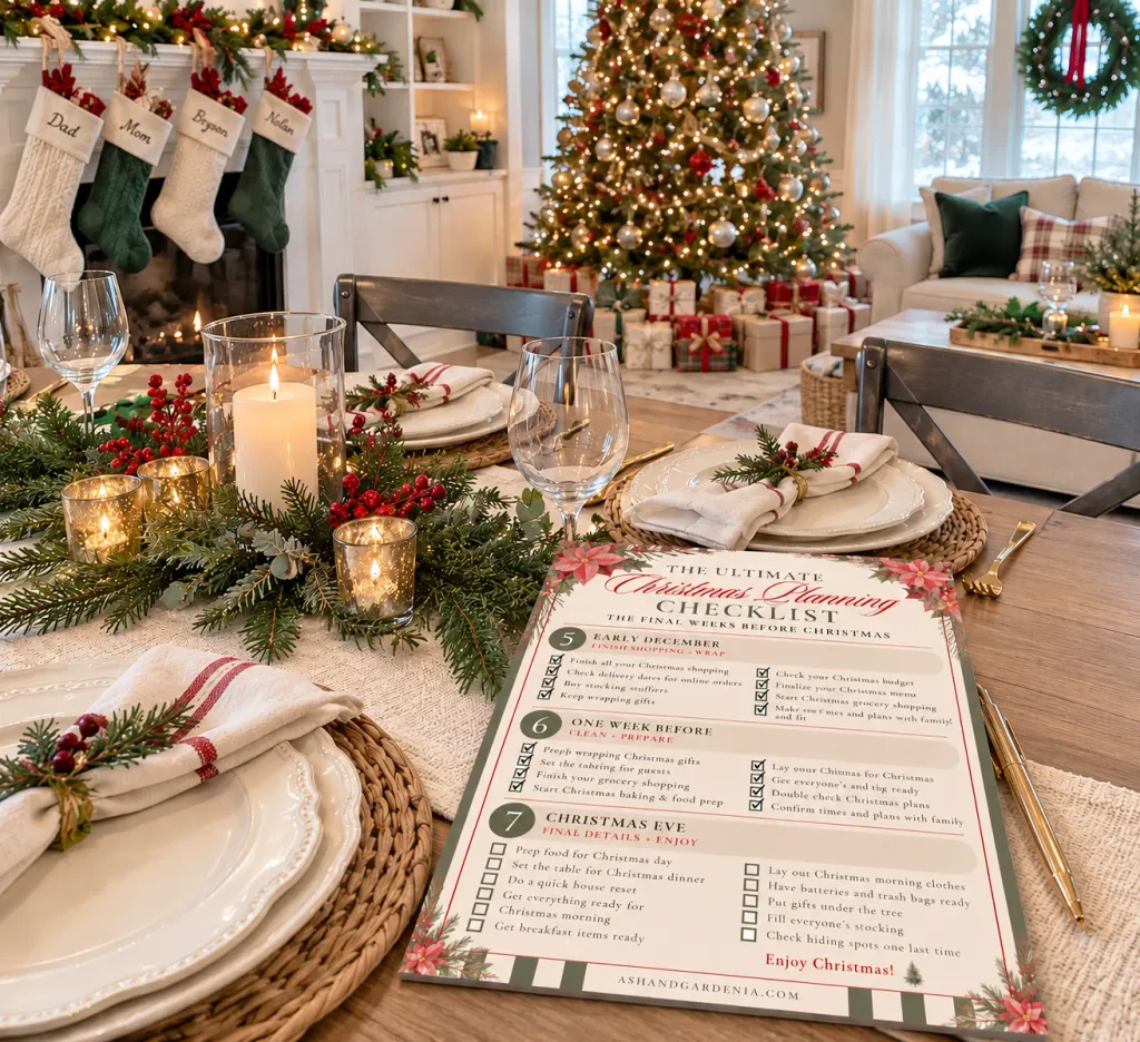 Christmas table set, gifts under the tree, Christmas planning checklist on dinner table on Christmas Eve. 