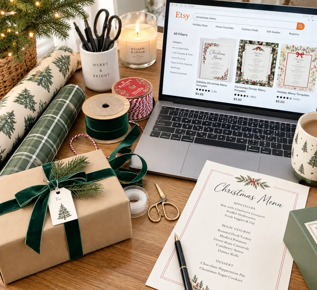 A laptop with Etsy open to Christmas menus, a Christmas menu on the desk, gift wrapping supplies. 