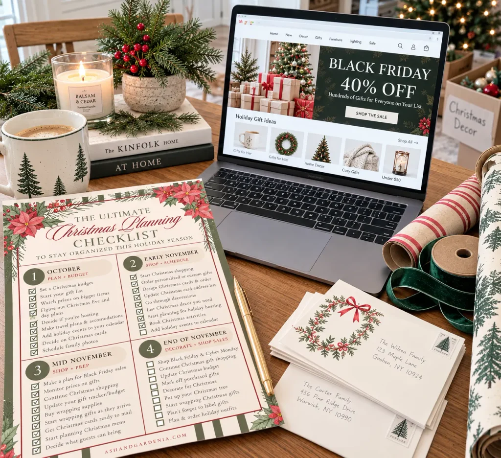 Picture of Christmas planning checklist on a desk with Christmas cards ready to be sent out, a Black Friday sale on a website on the computer, and Christmas decor in the background. 