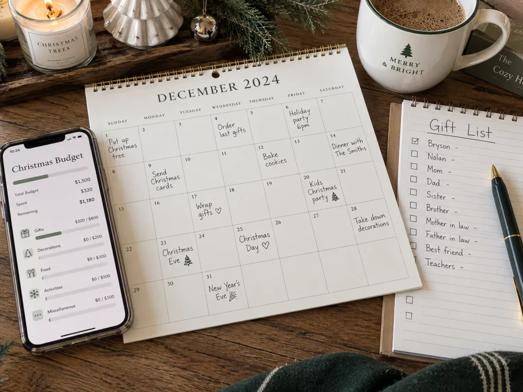 Picture of a table with a December calendar with plans on it, a Christmas budget tracker on a cell phone, and a gift list with Christmas items on the table.