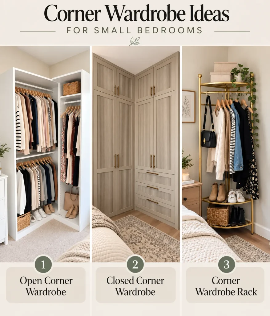 Infographic of three corner wardrobe ideas for small bedrooms. Open corner wardrobe, closed corner wardrobe, and corner wardrobe rack. 