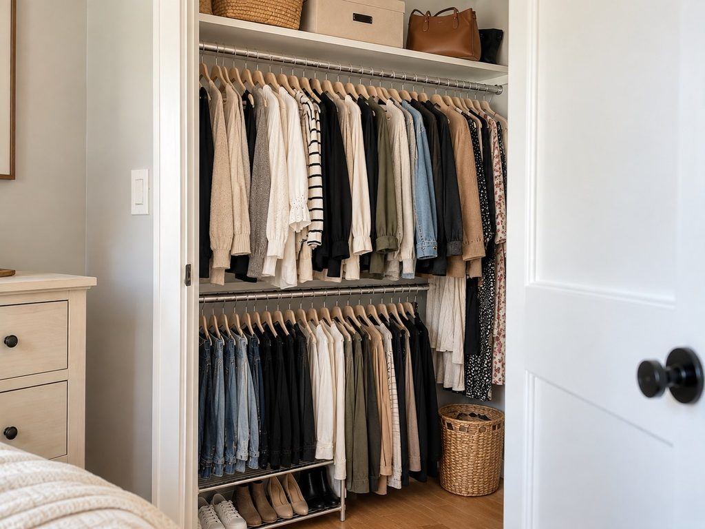 Clothes storage ideas: A double hanging rod system in a women's closet.