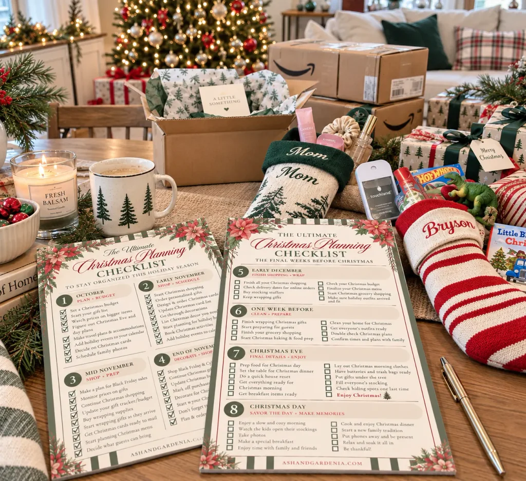 Early December Christmas planning checklist  with stocking stuffers being bought, and Christmas gifts arriving.