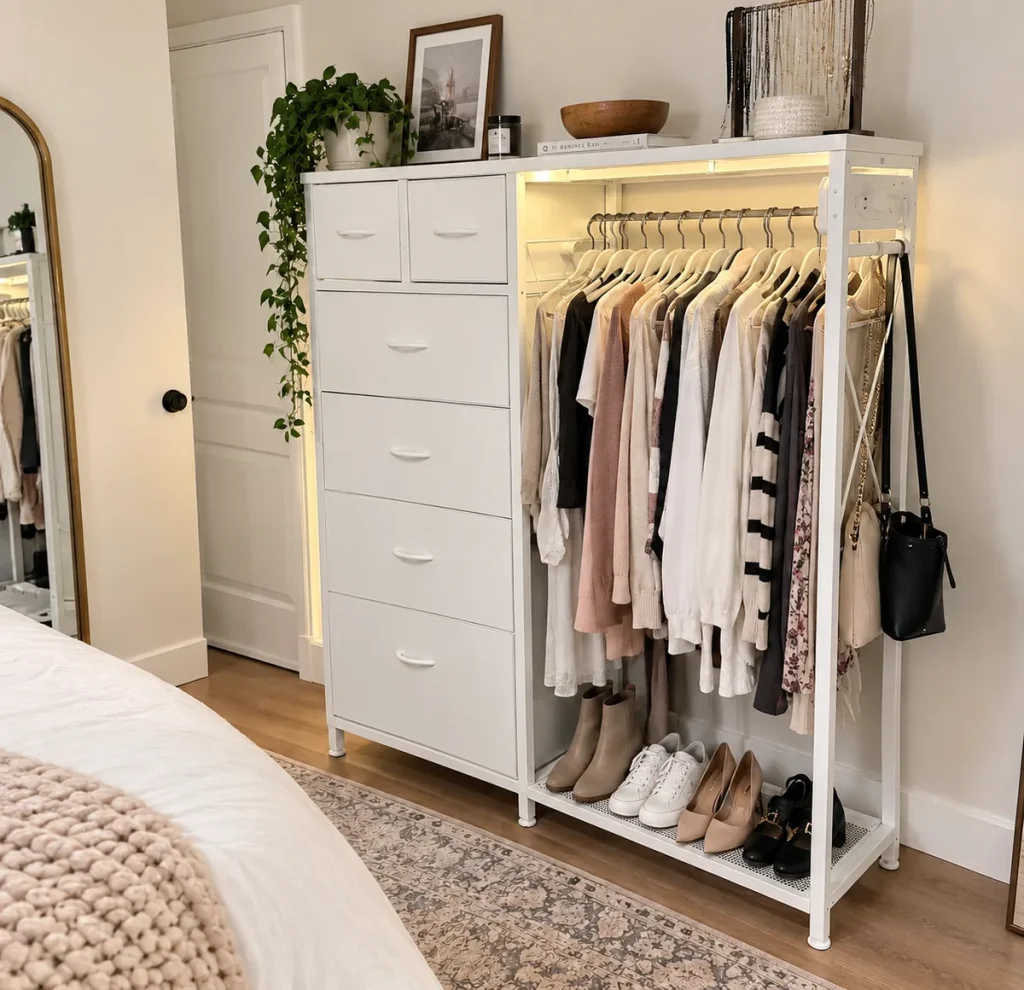 Clothes storage ideas: A small freestanding wardrobe with drawers and an area to hang clothes 