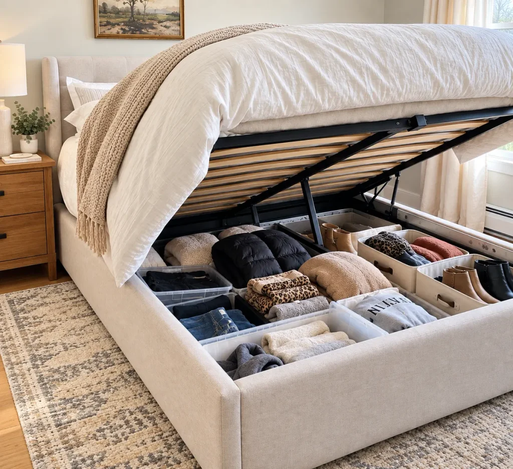Multifunctional furniture for a small bedroom: a bed frame that lifts up with clothes and shoes stored under the bed. 