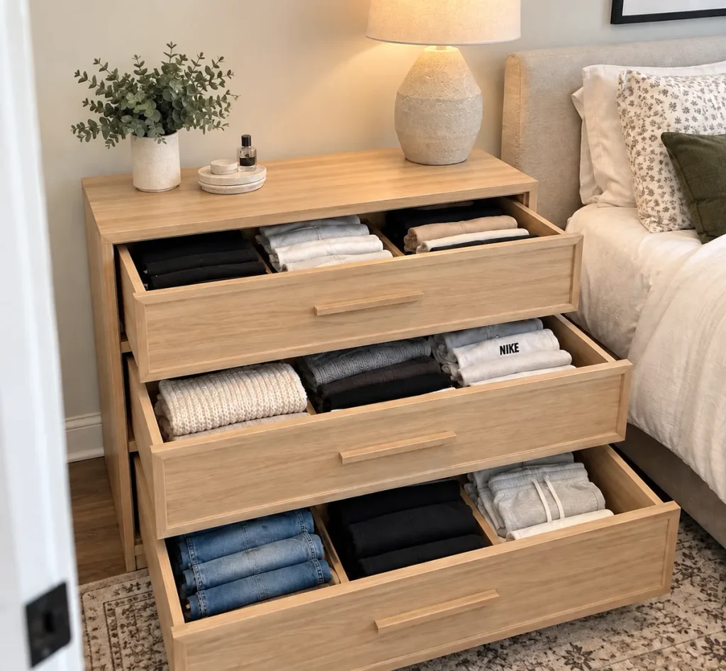 Nightstand with three drawers and with clothes stored in them. 
