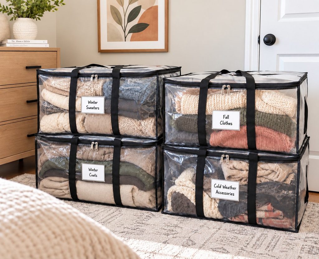 Clothes storage ideas: Off-season clothes stored in extra-large moving bags. 