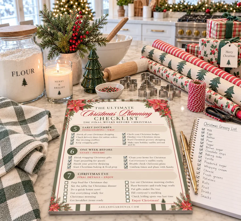 One week before Christmas planning checklist with baking being done, wrapping, and Christmas grocery list finalized
