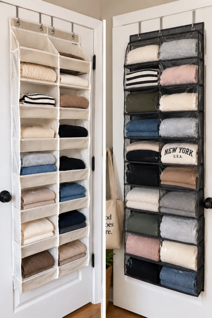 Over the door closet organizers storing clothes 