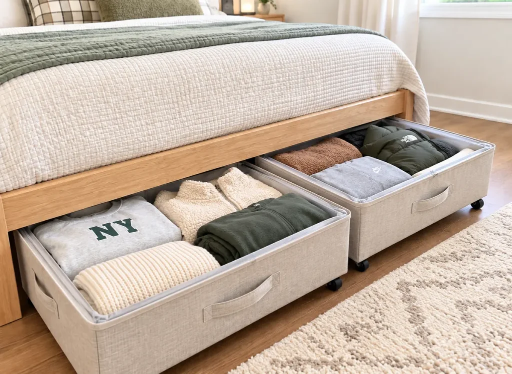 Under-bed rolling fabric clothes bins with out-of-season clothes stored in them. It's a winter clothes storage idea. 