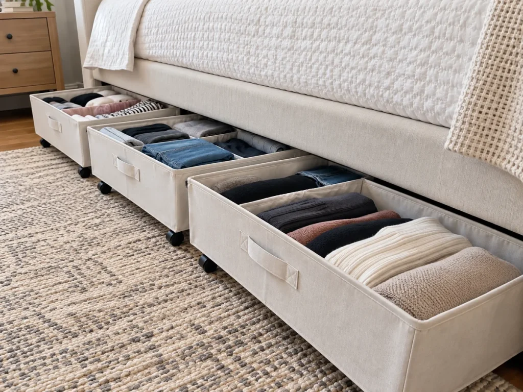 Under the bed rolling clothes storage bins in a small bedroom. 