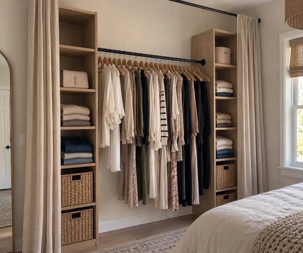 Wall-mounted DIY closet with a clothing rod and shelves for clothes and accessories for a bedroom with no closet.