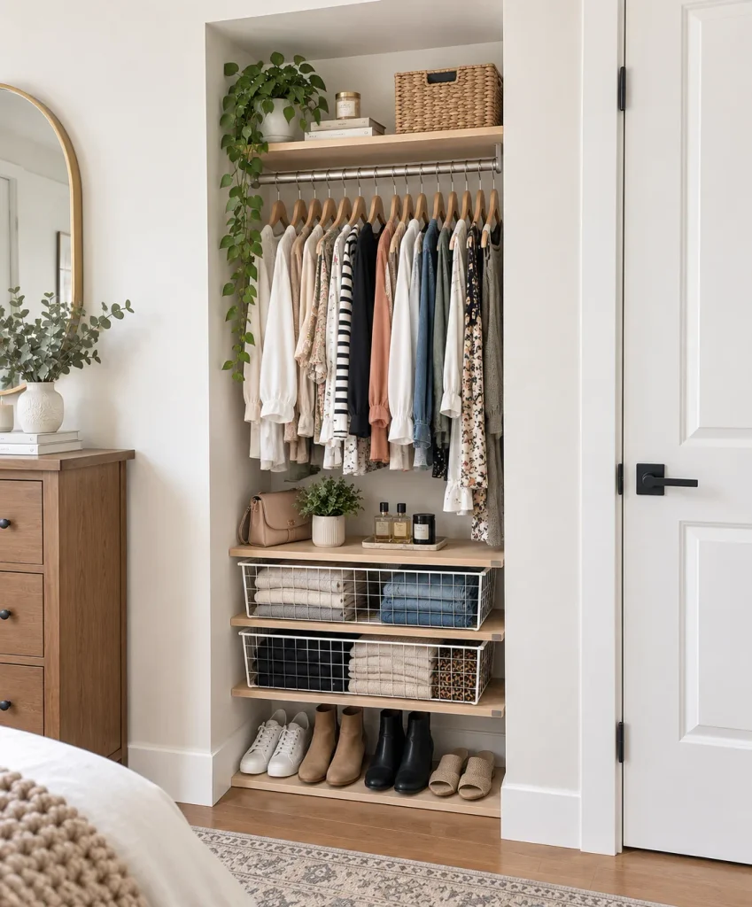 Closet created in a small wall nook in a small bedroom with women's clothes, folded clothes, shoes, and accessories. 