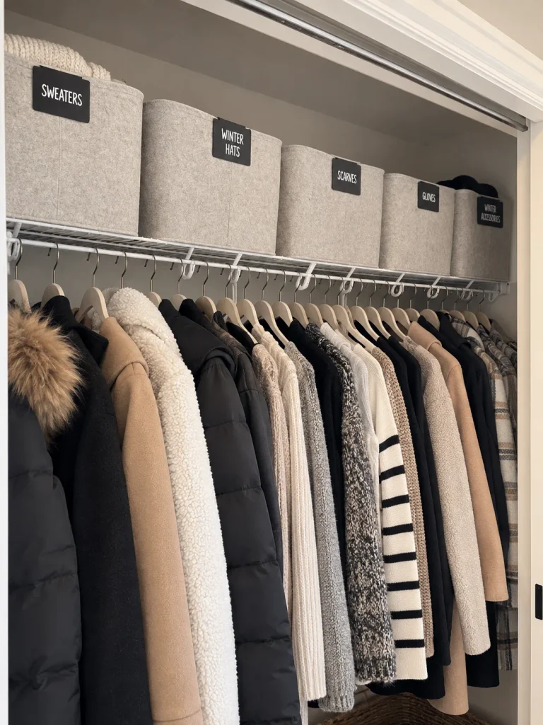 Winter clothes storage in a different closet in a home. 