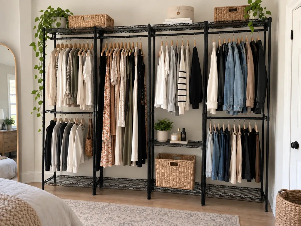 A heavy-duty wardrobe storage rack with women's clothes hanging on it. 