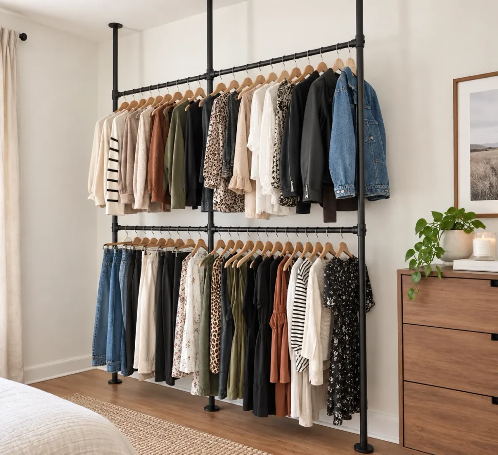 Floor to ceiling pipe clothing rack in a bedroom with no closet. 