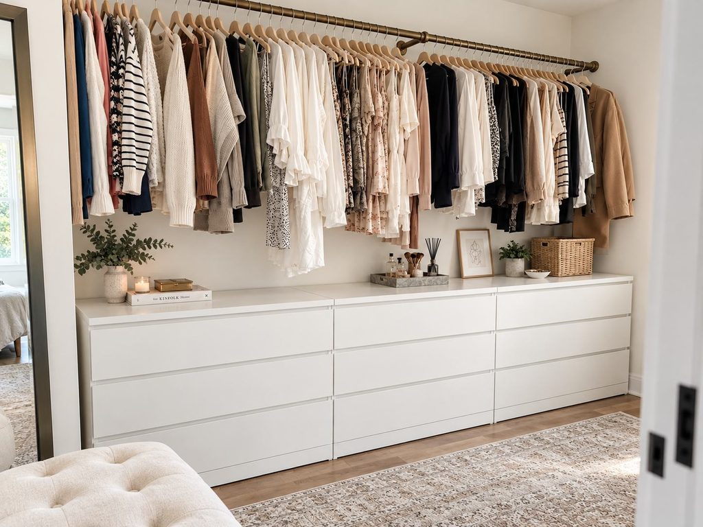 A women's open closet with a rod hanging on the wall and a long dresser below it.