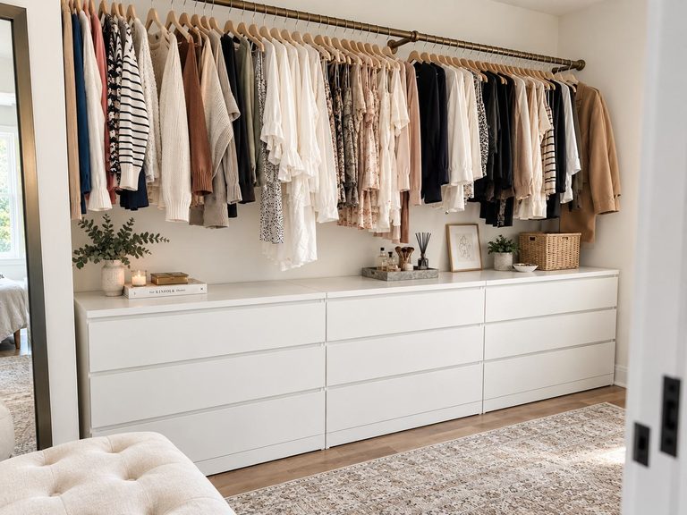 A women's open closet with a rod hanging on the wall and a long dresser below it.